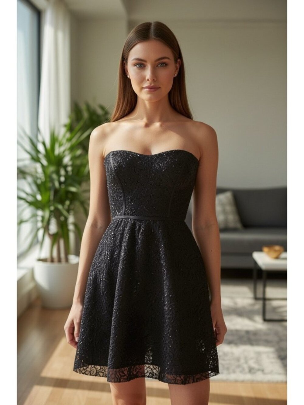 Parker Cocktail Dress M Black Lace Glitter Strapless Sweetheart Mini Party LBD